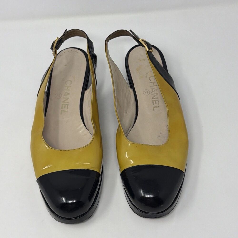 Chanel Vintage Slingback Heels Yellow Black Cap Toe Patent Leather EU 40 Italy - Picture 13 of 16